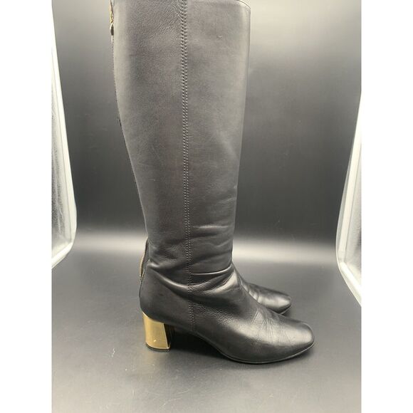 Kate Spade Tavie Knee High Boots Size 8 Square Toe Gold Heel - Picture 4 of 12